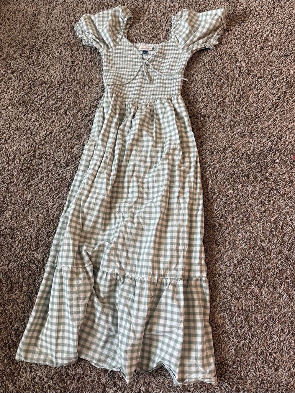 Gingham Puff-Sleeve Maxi Dress - Sage Green